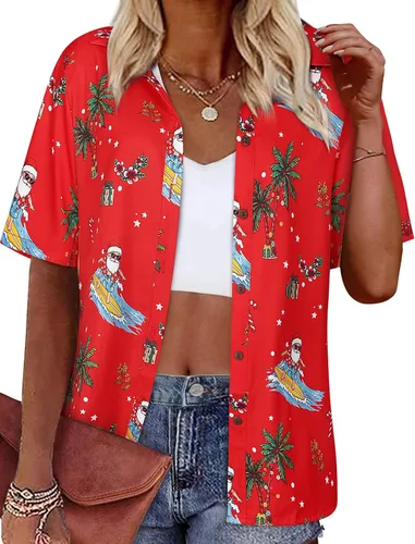 Vista 40 de LILYCHIC Camisas hawaianas de verano con botones de coco para mujer, camisas suaves con botones de manga corta A-hoja floral negra