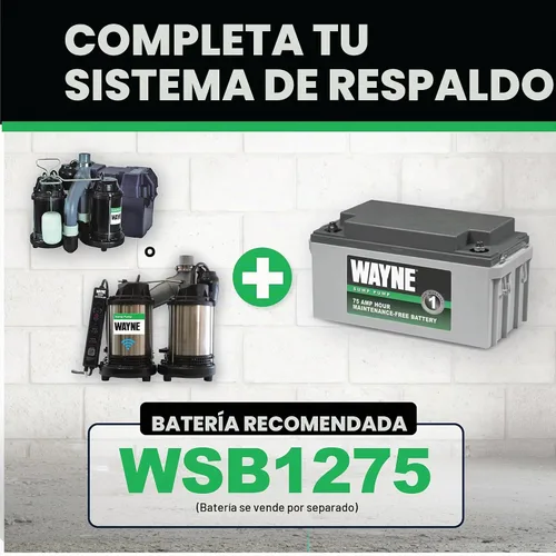 Vista 4 de WAYNE - Bomba de sumidero de 1/2 HP con interruptor de flotador vertical integrado y capacidad de respaldo de batería de 12 voltios, batería