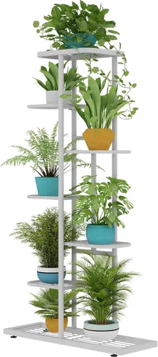 Vista 17 de LINZINAR Soporte de metal para plantas de 4 niveles y 5 macetas, estante múltiple para macetas para interiores y exteriores, unidad de estantería