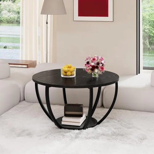 Vista 6 de HOMERECOMMEND Mesa de centro redonda, mesas de centro circulares de madera de 2 niveles con estantes de almacenamiento, mesa central decorativa