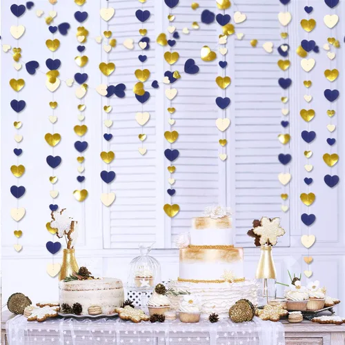 Vista 5 de 52 pies Guirnalda de corazón de amor dorado azul marino para decoración de fiesta del día de San Valentín Bandera de serpentina colgante azul real