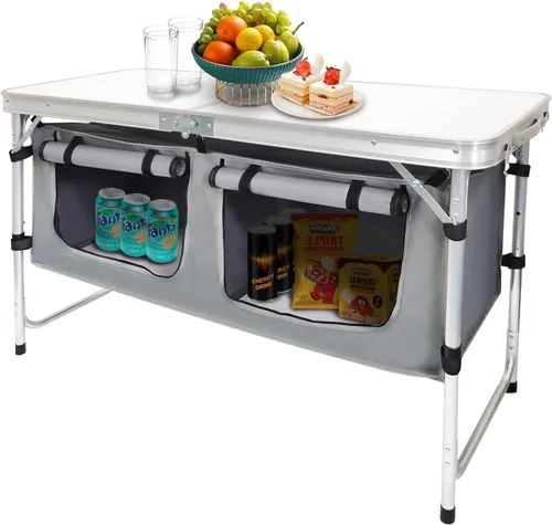Vista 9 de CampLand - Mesa plegable de aluminio para exteriores, ligera, de altura ajustable con organizador de almacenamiento para barbacoa, fiesta, camping