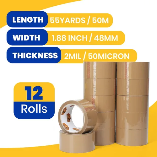 Vista 2 de TAPEBEAR Cinta de embalaje marrón, 12 rollos, repuestos de cinta de embalaje resistente de 1.88 pulgadas x 55 yardas para cajas, cinta marrón