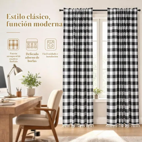 Vista 7 de ShinyBeauty Cortinas de cocina a cuadros negros de búfalo 2 paneles de cortinas opacas con borlas y bolsillo para barra, cortinas opacas de 63