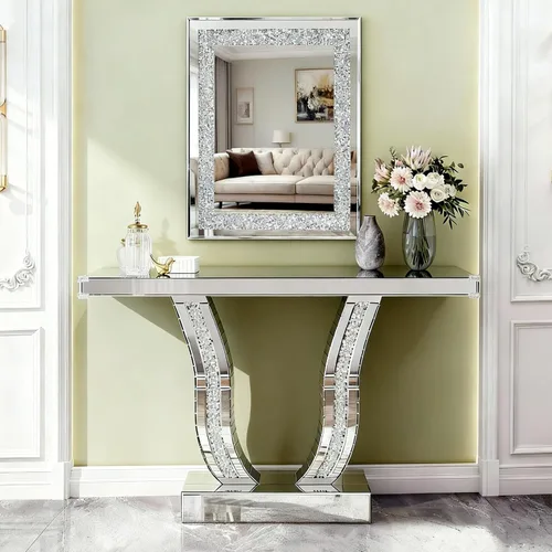 Vista 18 de SSLine Mesa de consola negra con espejo para sala de estar, mesa de entrada moderna de espejo de 43 pulgadas con base de cristal en forma de O
