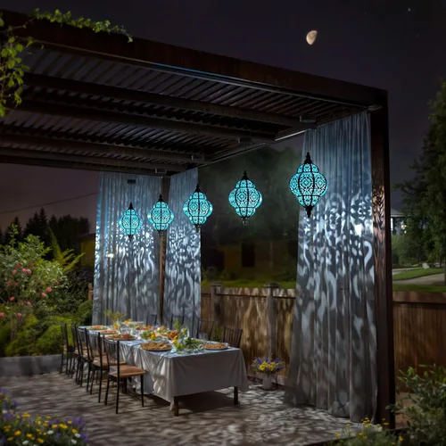 Vista 6 de Hapjoy Luces solares colgantes para decoración de jardín al aire libre, farol solar impermeable de plástico marroquí, decoraciones al aire libre