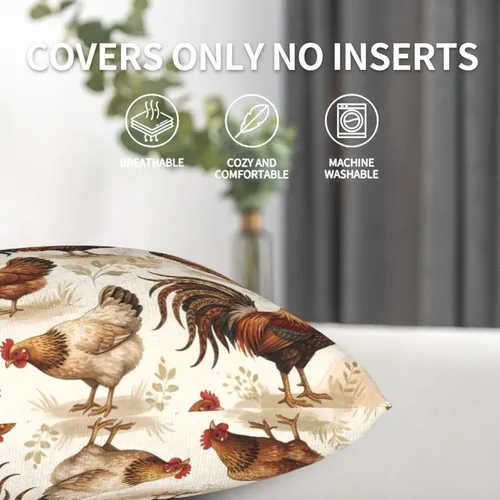 Vista 4 de Perinsto Juego de 2 fundas de almohada de animales de pollo, fundas de almohada decorativas de gallos de granja, fundas de cojín suaves para sofá