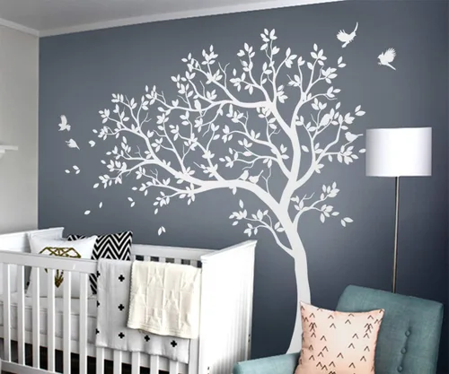 Vista 11 de Calcomanías de pared para árbol grande, calcomanías de árbol inclinado con pájaros, mural de vinilo decorativo KW032