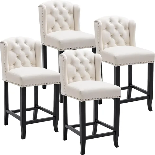 Vista 11 de Juego de 2 taburetes de bar clásicos de lino de 30 pulgadas, sillas de bar altas con respaldo copetudo con botones con patas de madera maciza Beige