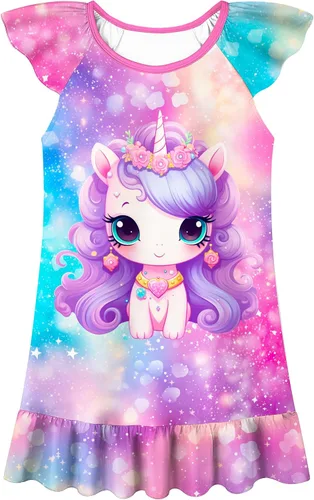 Vista 11 de LQSZ Camisón de noche para niñas, manga con vuelo, ropa de dormir de 3 a 10 años