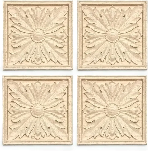 Vista 10 de 10 piezas decorativas de madera tallada con flores onlays, 2.4 x 2.4 pulgadas sin pintar, calcomanía cuadrada de madera maciza sin pintar