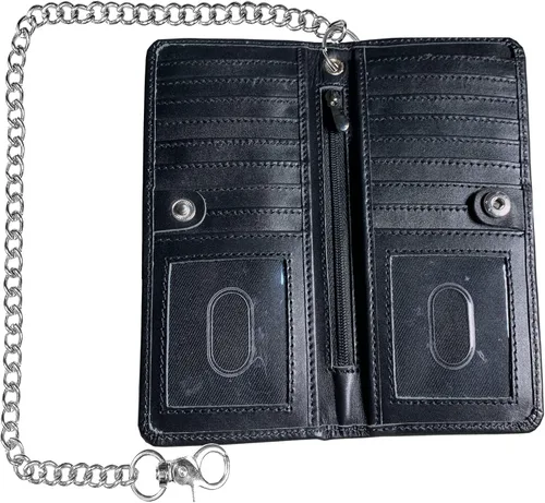 Vista 7 de IBRO Cartera larga de cadena de motocicleta con bloqueo RFID para hombres, Aniline Negro, Plegable y clásico