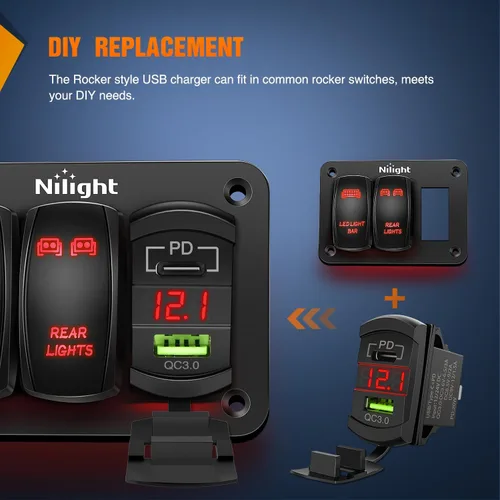 Vista 4 de Nilight Interruptor de palanca con salida USB, voltímetro LED, conector rápido 12V PD tipo C y USB QC 3.0 para automóviles, reemplazo con fusible