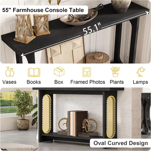 Vista 5 de Mesa consola negra, mesa de entrada de madera de 55 pulgadas, mesas estrechas para sofá, mesas de pasillo para sala de estar, entrada, vestíbulo
