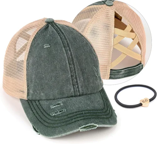 Vista 13 de C.C Gorra de béisbol de malla con diseño de estrella brillante, gorra de camionero ajustable para moño o cola de caballo Una banda elástica-negro