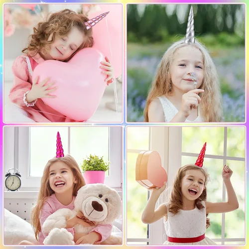 Vista 6 de Yuxung Paquete de 24 diademas de cuerno de unicornio con bandas elásticas para niñas y adultos, accesorios de disfraces de cosplay, 8 estilos