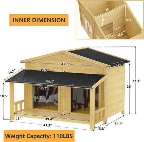 Vista 5 de Ritsu Casa para perros de 47.2 pulgadas, resistente al agua, casa de madera para perros para exteriores e interiores, estilo cabaña de troncos
