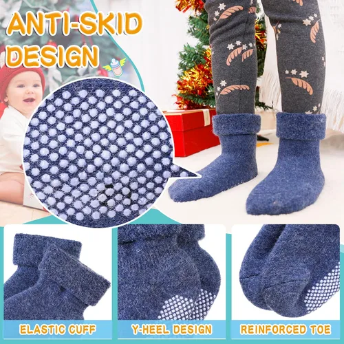 Vista 4 de Eyean Calcetines de lana con agarre para bebé, suaves, cálidos, gruesos, antideslizantes, para niños, niños y niñas, calcetines hasta la pantorrilla