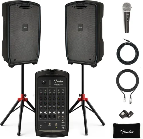 Vista 10 de Fender Paquete de sistema PA portátil Passport Conference S2 con kit de micrófono, soportes de altavoz compactos y cable de instrumento