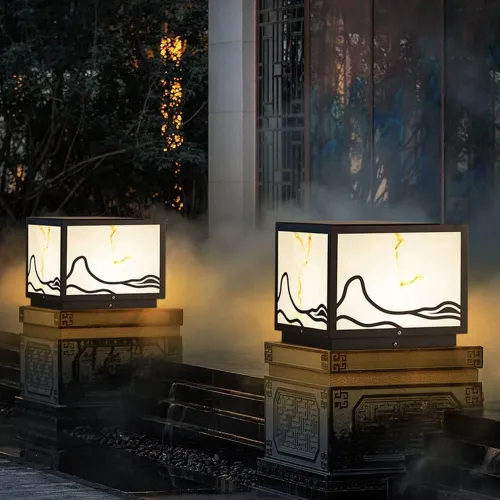 Vista 5 de Luces de poste al aire libre, luz solar de pilar cuadrada de acero inoxidable imitación mármol sombra lámpara de pilar al aire libre impermeable luz