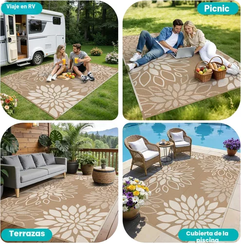 Vista 9 de HEBE Alfombra impermeable para exteriores de 5 x 8 pies para patios, alfombra de paja de plástico reversible floral, alfombra de patio, alfombra