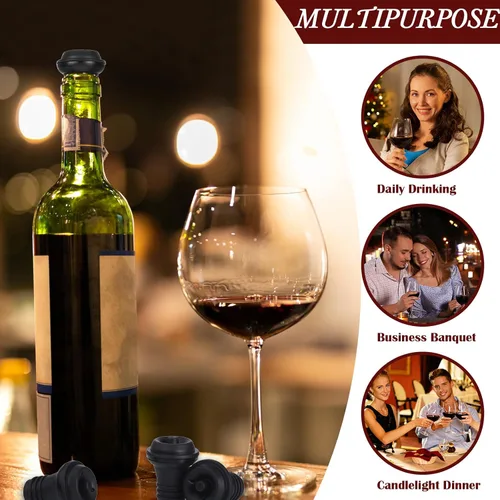Vista 6 de Honoson 6 tapones de vino con bomba resellable, ahorro de silicona al vacío, práctico para suministros de cocina, herramientas de botella (negro)