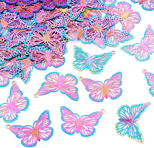 Vista 6 de FASHEWELRY 50 piezas de conectores de filigrana de mariposa de acero inoxidable, adornos de metal grabados con arco iris para fabricación de joyas