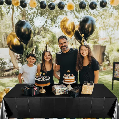 Vista 4 de Just Shimmer 1 mantel de aluminio negro de 54 x 72 pulgadas para cumpleaños, graduación, Halloween, fiesta, mantel de plástico, impermeable