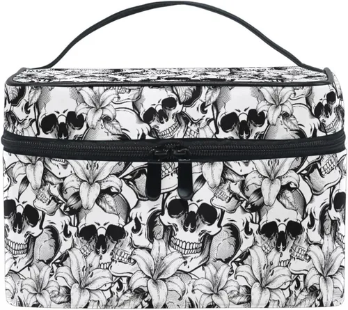 Vista 16 de Bolsa de Maquillaje, Estuche de Maquillaje Organizador de Viaje con Diseño de Calavera y Flores, Estuche de Cosméticos, Bolsas de Aseo para Niñas