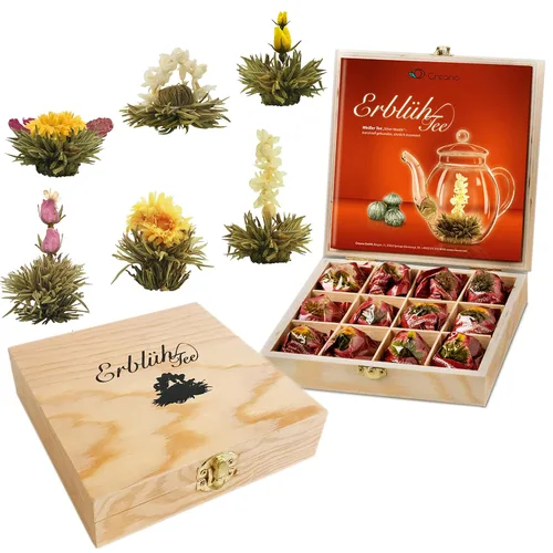 Vista 13 de Creano Abloom Tea - Set de regalo floreciente en caja de madera, 12 piezas en 3 variaciones, negro