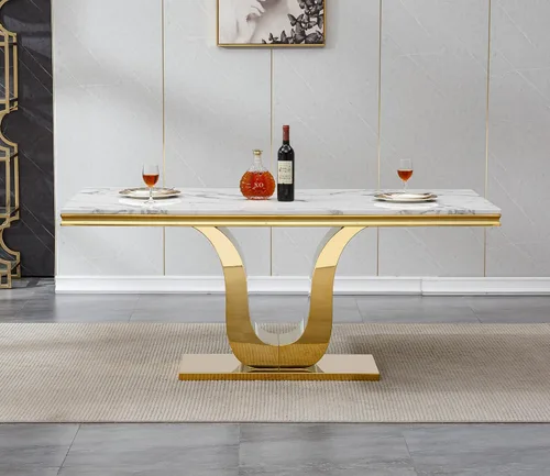 Vista 4 de Juego de 4 mesas de comedor blancas y doradas, mesa de cocina rectangular de 68 pulgadas con parte superior de mármol sintético blanco, mesa de Mesa