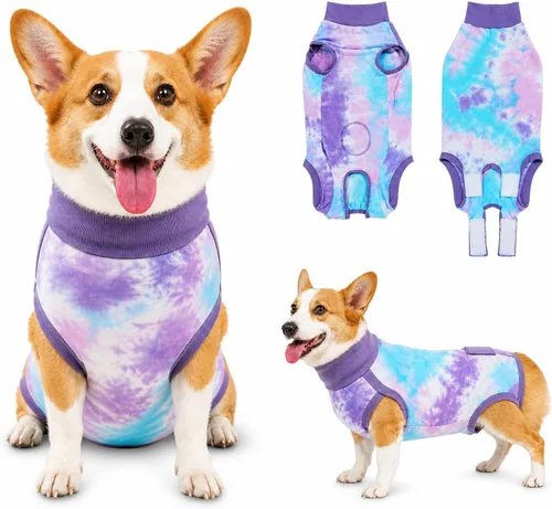 Vista 8 de Traje de recuperación transpirable para perros macho/hembra, mameluco de perro de tie dye azul para heridas abdominales, alternativa a cono y collar