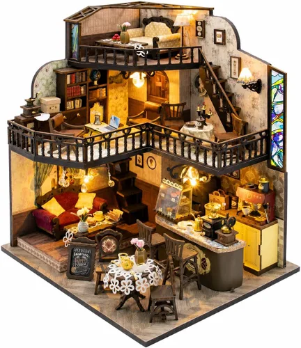 Vista 8 de Roroom Kit de casa de muñecas de bricolaje, kit de rincón de libro del tesoro mágico con caja de música y cubierta para el polvo, rompecabezas