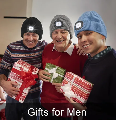 Vista 5 de MELASA Gorro de invierno con forro polar LED, recargable por USB, gorro cálido con luz integrada, regalos para hombres, papá, esposo, él