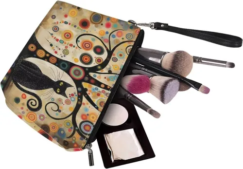 Vista 4 de Howilath Abstract Art Cat Cosmetic Pouch for Women PU Leather Toiletry Storage Bag Trapezoid Makeup Bags with Wrist Strap
