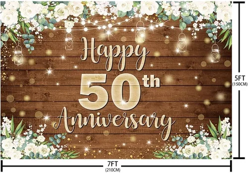 Vista 5 de AIBIIN Telón de fondo de feliz aniversario de 7 x 5 pies para parejas que saludan a 50 años, decoración de fiesta de cumpleaños, flores blancas