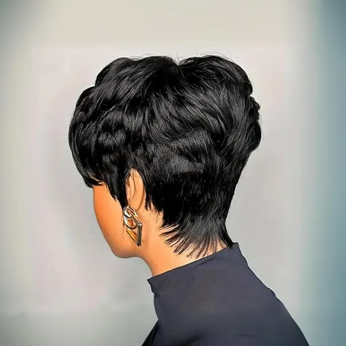 Vista 4 de YOUKNOWIG Peluca corta de corte Pixie en capas, pelucas de cabello humano sin pegamento con corte Pixie para mujeres negras, hechas a máquina, sin