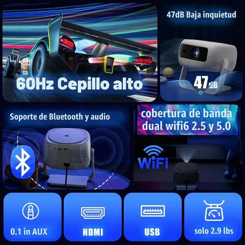 Vista 5 de Proyector Native HD 1080P con soporte 4K, WiFi 6, Bluetooth, diseño a prueba de polvo, enfoque motorizado, altavoz integrado, proyector inteligente
