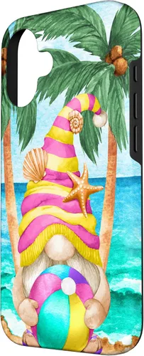 Vista 2 de iPhone 16 Funny Hawaiian Summer Gnome Under Palm Tree For Beach Surfer Case