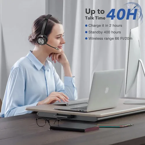 Vista 4 de Auriculares inalámbricos con micrófono para PC, auriculares Bluetooth con silencio de micrófono y soporte de carga, auriculares de trabajo