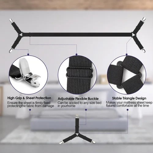 Vista 4 de Luyena Correas para Sábanas de Cama, 6 PCS Correas Seguras y para Sábanas Ajustables para Cama Tamaño Full, Clips Ajustables para Sábanas
