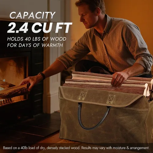 Vista 3 de INNO STAGE - Bolsa de lona encerada resistente para leña, tamaño grande, bolsa de almacenamiento para accesorios de chimenea y estufa de madera