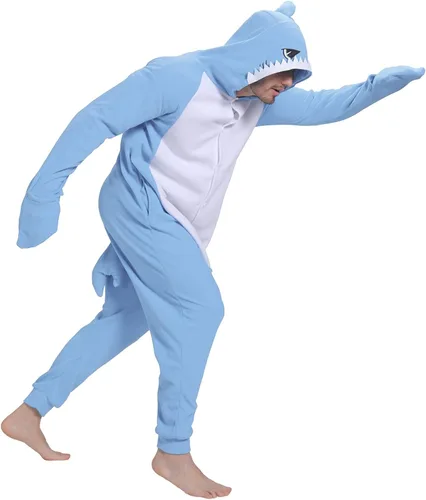 Vista 2 de Pijama de tiburón para adultos, disfraz de cosplay de tiburón, de una pieza, ropa de dormir de caricatura, mameluco de tiburón para mujeres y hombres