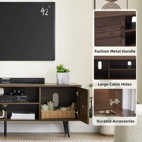 Vista 4 de EDYO LIVING Soporte de TV moderno de mediados de siglo para TV de 65 pulgadas, soporte de TV de madera con armario de almacenamiento y estante