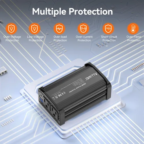 Vista 5 de ALLWEI - Inversor de corriente de 300 W, adaptador de toma de corriente con enchufe para coche, CC 12 V a CA 110 V, con cargador rápido USB-C PD