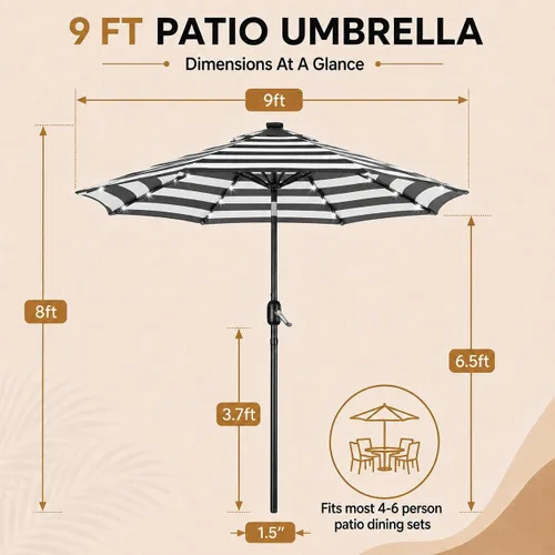 Vista 2 de Yaheetech - Sombrilla solar de patio de 9 pies, sombrilla de mesa con 32 luces LED, 8 varillas/inclinación y sistema de elevación con manivela