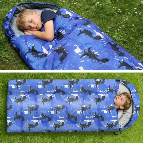 Vista 8 de Sacos de dormir para niños - Sacos de dormir para acampar con bolsa de transporte - Saco de dormir compacto para senderismo, mochilero para 3 Azul