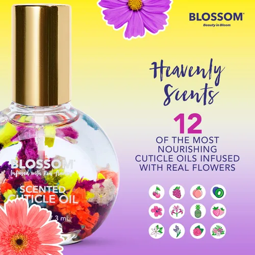 Vista 2 de Blossom Hidratante, hidratante, fortalecedor, aceite perfumado para cutículas, infundido con flores reales, fabricado en Estados Unidos, 1.84 fl oz