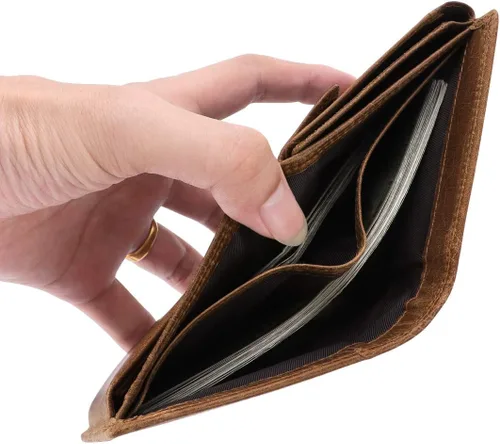 Vista 2 de Billetera de cuero vacuno con bloqueo RFID triple para hombres, 10 ranuras para tarjetas, 2 ventanas para identificación con bolsillo para monedas