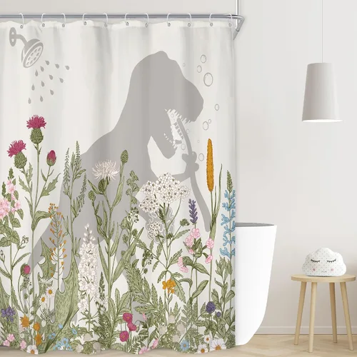 Vista 11 de LGhtyro Juego de Cortina de Ducha Divertida de Dinosaurio para Baño Pequeño 36Wx71H Pulgadas Dibujos Animados Niños Silueta de Dino Sombra de Animal